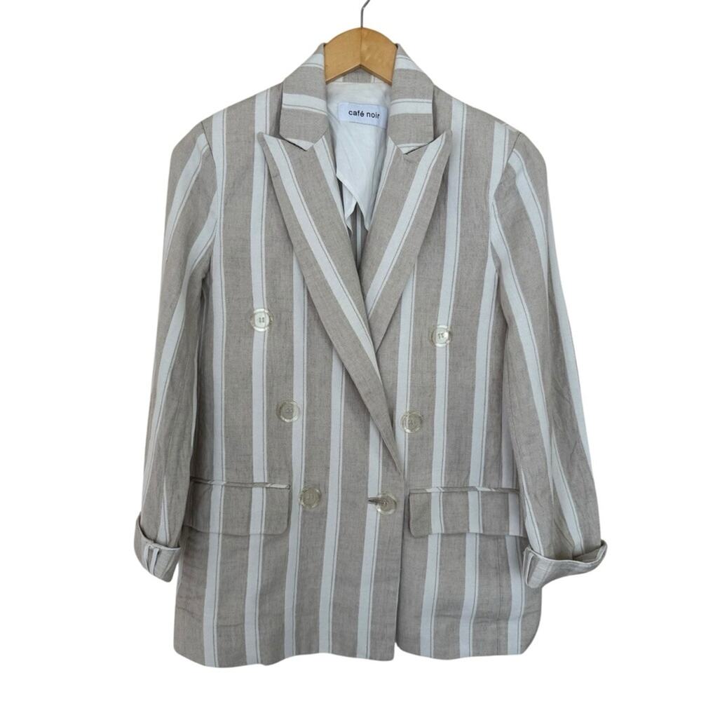 Cafe Noir Linen Double Breasted Women's Striped Tan Blazer ( Free Size )